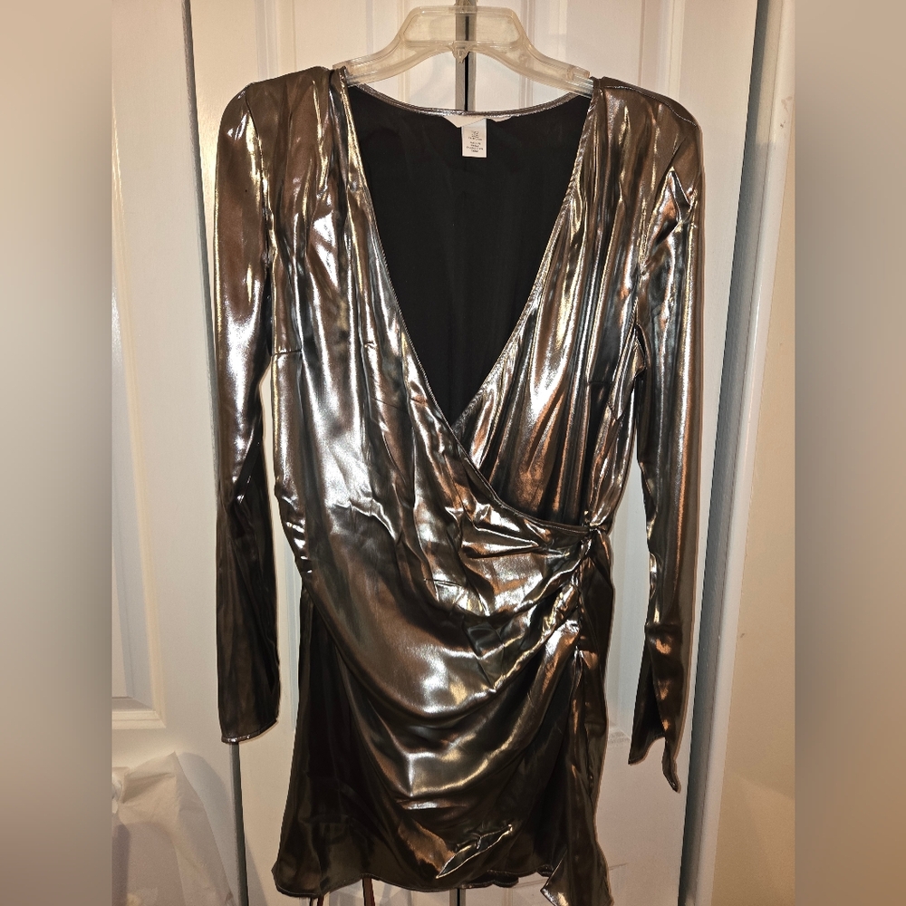 Metallic Silver Wrap Dress